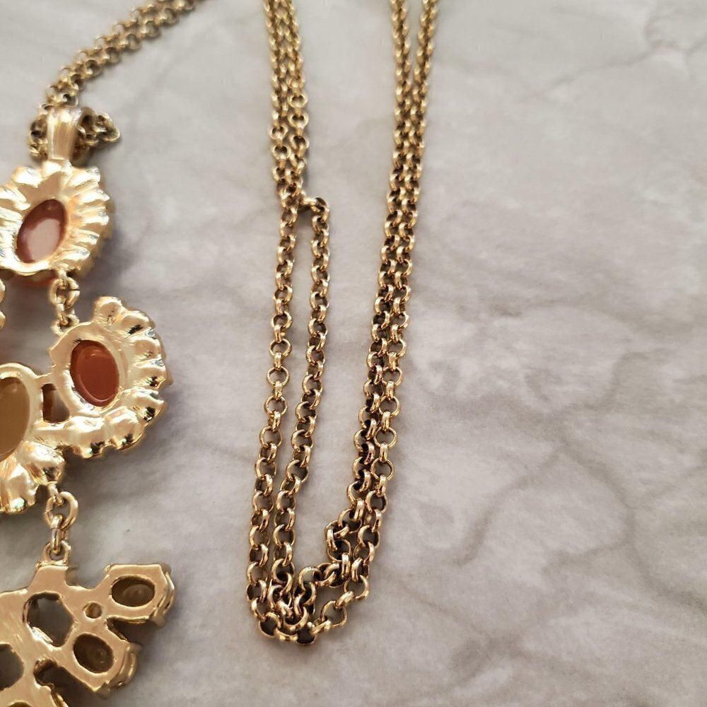 🧡 J Crew Pendant Orange Fan Gold Crystal Rhinstone Necklace 🧡 - Picture 8 of 10